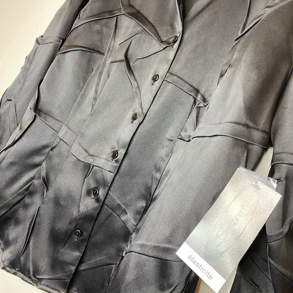 Samuel Dong Button up collared blouse textured long sleeve black satin NEW! - Picture 4 of 7